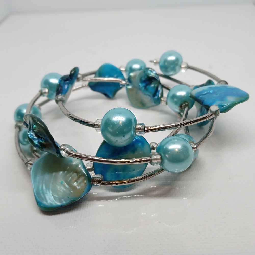 18"Memory Wire Wrap Coil Nautical 3 Strand Faux Aqua Beads Pearls Abalone Shells